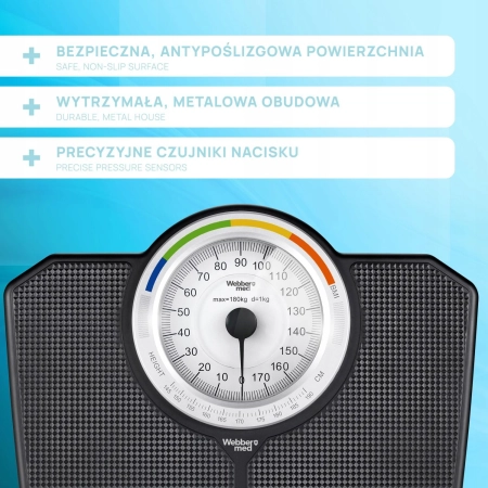 Klasyczna waga łazienkowa mechaniczna analogowa do 180 kg czarna WEBBER BMI