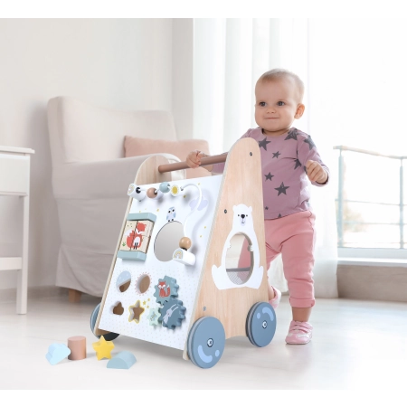 Pchacz chodzik drewniany edukacyjny z ruchomymi elementami ECOTOYS