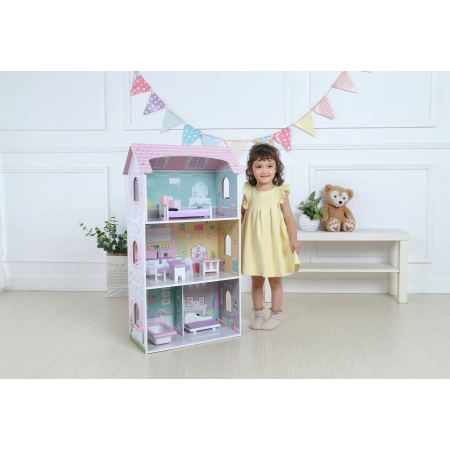 Drewniany domek dla lalek + mebelki wysoka rezydencja Jagodowa ECOTOYS