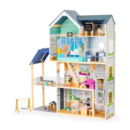 Domek dla lalek duży drewniany 138 cm Rezydencja Maya 28 elementow ECOTOYS