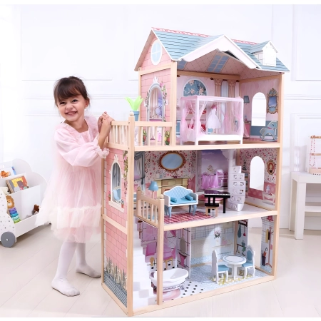 Domek dla lalek duży drewniany 3 piętra 11 mebelków ECOTOYS