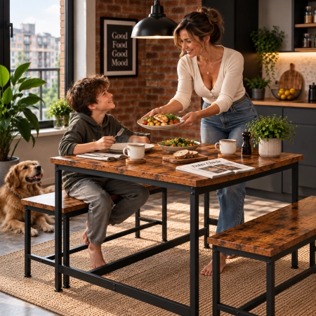 Zestaw loftowych mebli do jadalni kuchni stolik 2 ławki postarzane drewno ModernHome