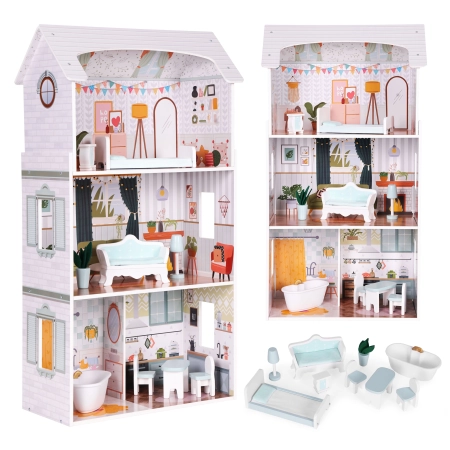 Domek dla lalek Alice 3 piętra 4 pomieszczenia komplet 9 mebelków ECOTOYS