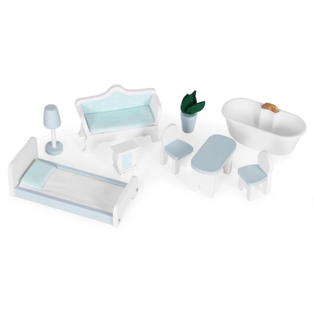 Domek dla lalek Alice 3 piętra 4 pomieszczenia komplet 9 mebelków ECOTOYS