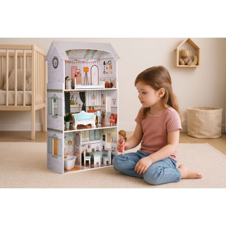 Domek dla lalek Alice 3 piętra 4 pomieszczenia komplet 9 mebelków ECOTOYS