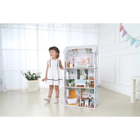 Domek dla lalek Alice 3 piętra 4 pomieszczenia komplet 9 mebelków ECOTOYS