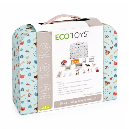 Sklep zoologiczny w walizce piętrowy drewniane mebelki zestaw 23 akcesoriów ECOTOYS