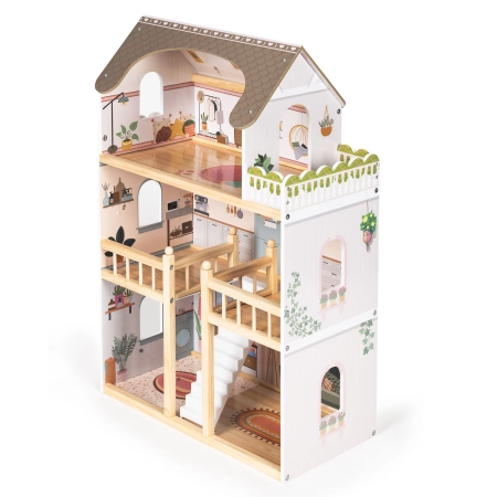 Drewniany domek dla lalek Laura 3 piętra 5 pomieszczeń 15 mebelków ECOTOYS
