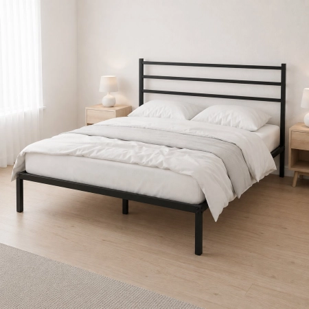 Łóżko metalowe 190x200 cm ze stelażem i zagłówkiem minimalistyczna czarna rama ModernHome