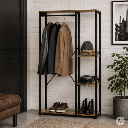 Wieszak stojący z regałem do przedpokoju na ubrania buty loft jasny dąb ModernHome