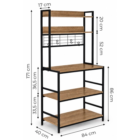 Regał kuchenny z półkamni stojak 84 cm 6 poziomów haczyki loft jasny dąb ModernHome