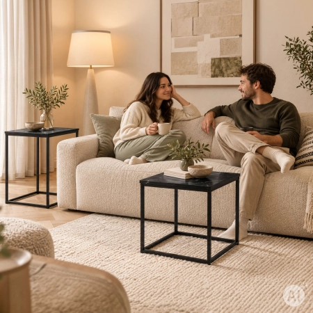 Stoliki kawowe rozkładane kwadratowe zestaw 2w1 loftowy czarny marmur ModernHome
