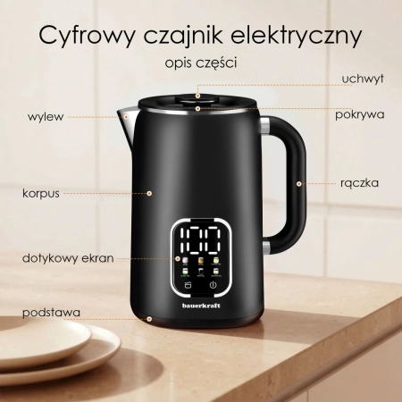 Czajnik elektryczny bezprzewodowy 1,7l smart z regulacją temperatury obrotowy czarny
