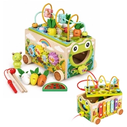 Drewniana kostka edukacyjna żabka 8w1 wózek sorter cymbałki łowienie robaczków ECOTOYS