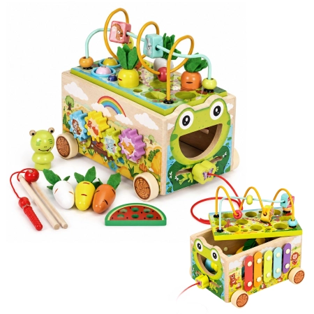 Drewniana kostka edukacyjna żabka 8w1 wózek sorter cymbałki łowienie robaczków ECOTOYS