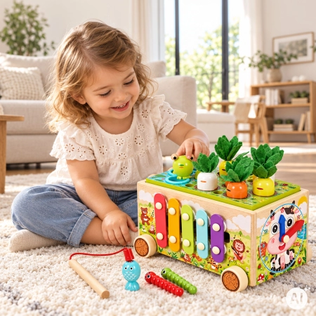 Drewniana kostka edukacyjna żabka 8w1 wózek sorter cymbałki łowienie robaczków ECOTOYS
