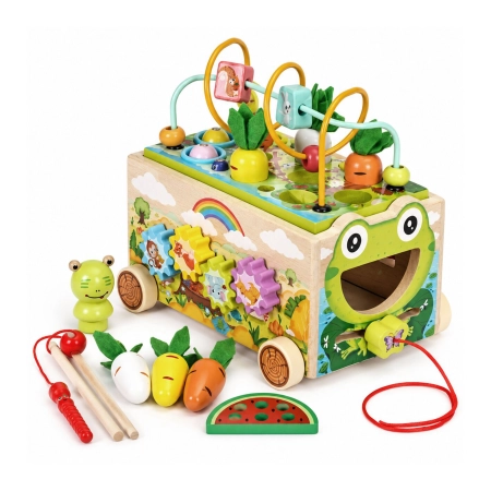 Drewniana kostka edukacyjna żabka 8w1 wózek sorter cymbałki łowienie robaczków ECOTOYS