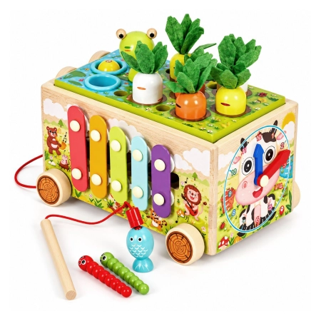Drewniana kostka edukacyjna żabka 8w1 wózek sorter cymbałki łowienie robaczków ECOTOYS