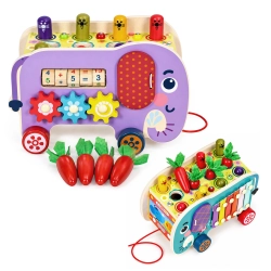 Drewniana kostka edukacyjna słonik 8w1 wózek sorter cymbałki łowienie robaczków ECOTOYS