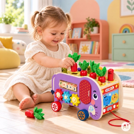 Drewniana kostka edukacyjna słonik 8w1 wózek sorter cymbałki łowienie robaczków ECOTOYS
