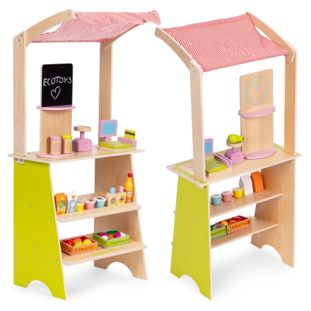 Duży drewniany stragan dla dzieci sklep z terminalem i wagą owoce warzywa 20 elementów ECOTOYS