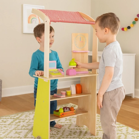 Duży drewniany stragan dla dzieci sklep z terminalem i wagą owoce warzywa 20 elementów ECOTOYS