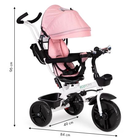 Rowerek trójkołowy spacerówka obracany fotelik 360* różowy ECOTOYS