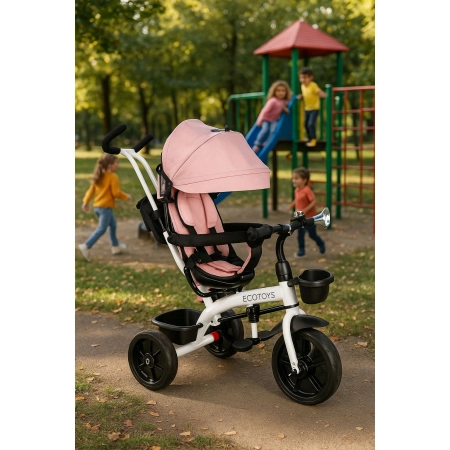 Rowerek trójkołowy spacerówka obracany fotelik 360* różowy ECOTOYS
