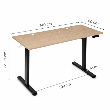 Biurko elektryczne 140x60 cm podnoszone regulacja wysokości 72-118 cm jasny dąb ModernHome
