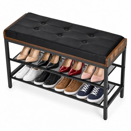 Szafka na buty z pikowanym siedziskiem ekoskóra 2 półki loftowa ModernHome