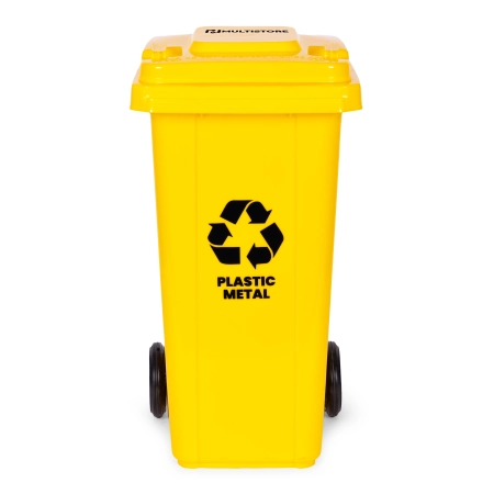 Kosz na smieci pojemnik 120L kubeł śmietnik żółty plastik gumowe koła