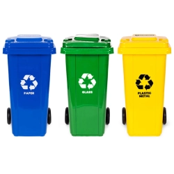 Zestaw 3 koszy na śmieci pojemniki 3x120L niebieski zielony żółty makulatura szkło plastik gumowe koła