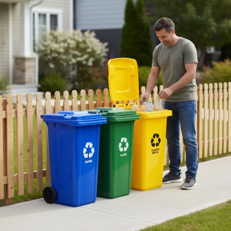 Zestaw 5 koszy na śmieci pojemniki 5x120L niebieski zielony żółty czarny brązowy makulatura szkło plastik odpady zmieszane BIO gumowe koła