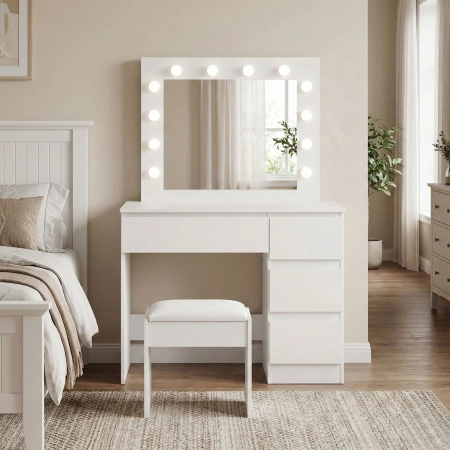 Toaletka kosmetyczna z lustrem i oświetleniem LED 4 szuflady taboret ModernHome