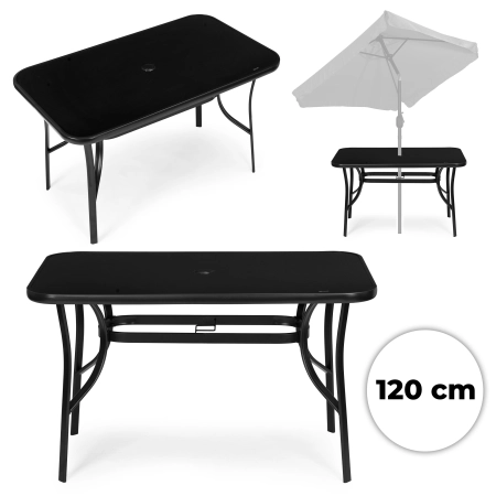 Stół ogrodowy 120x70 cm szkło hartowane otwór na parasol czarny MultiGarden