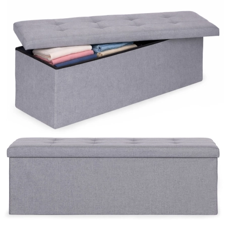 Pufa pikowana 111x38 cm ze schowkiem tapicerowana ława skrzynia jasnoszara ModernHome