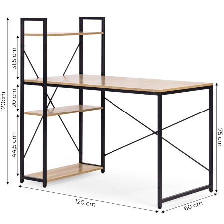Biurko komputerowe szkolne 120x60 cm regał z 3 półkami loft jasny dąb ModernHome