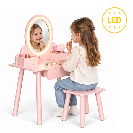Drewniana toaletka dziecięca lustro LED szuflada taboret 6 akcesoriów różowa ECOTOYS