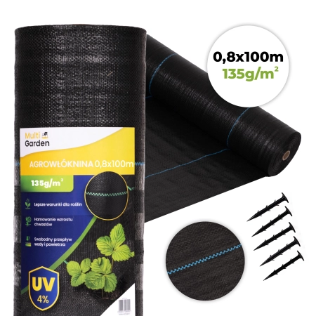 Agrowłóknina czarna agrotkanina UV 135g mata antychwastowa 0,8x100m kołki MulltiGarden