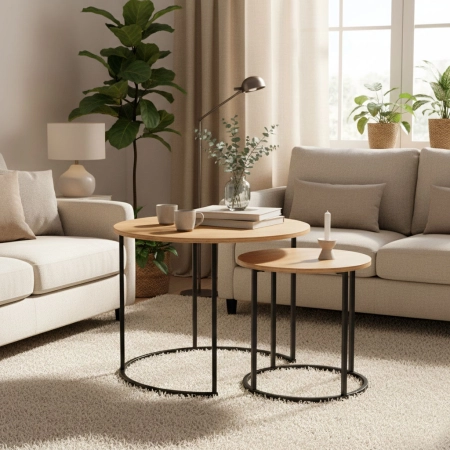 Zestaw stolików kawowych 2 szt. okrągłe jasny dąb loftowe ModernHome