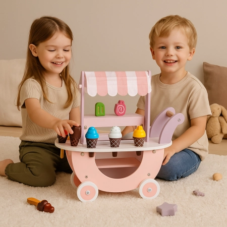 Drewniany wózek lodziarnia dla dzieci sklep 12 elementów ECOTOYS