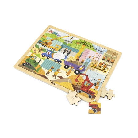 Viga 44585 Drewniane Puzzle na podkładce 48 elementów - poznajemy maszyny budowlane