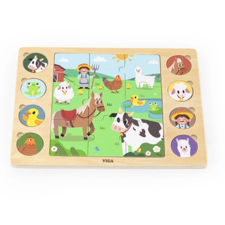 Viga 44741 Drewniany Zestaw puzzli na podkładce - dopasuj cienie - farma