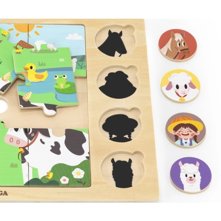 Viga 44741 Drewniany Zestaw puzzli na podkładce - dopasuj cienie - farma