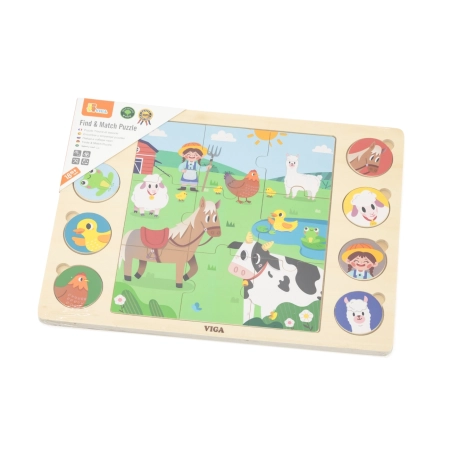 Viga 44741 Drewniany Zestaw puzzli na podkładce - dopasuj cienie - farma