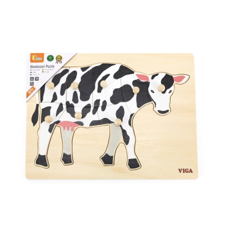 Viga 44608 Drewniane Puzzle na podkładce z uchwytami - Krowa