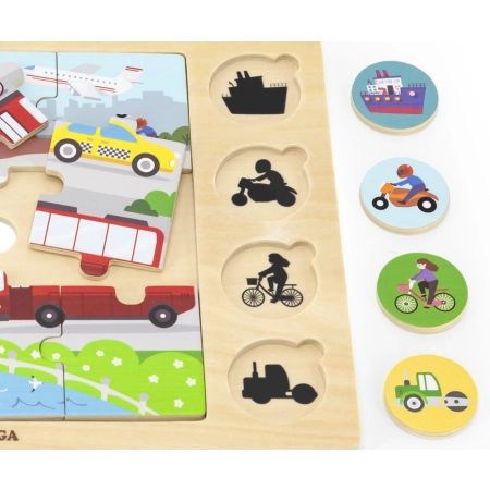 Viga 44742 Drewniany Zestaw puzzli na podkładce- dopasuj cienie - środki transportu
