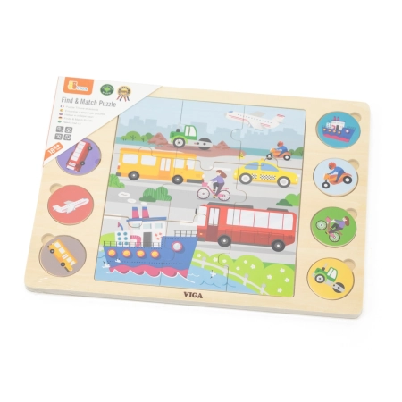 Viga 44742 Drewniany Zestaw puzzli na podkładce- dopasuj cienie - środki transportu