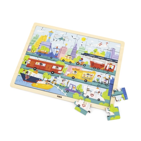 Viga 44582 Drewniane Puzzle na podkładce 48 elementów - poznajemy transport w mieście