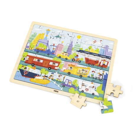 Viga 44582 Drewniane Puzzle na podkładce 48 elementów - poznajemy transport w mieście